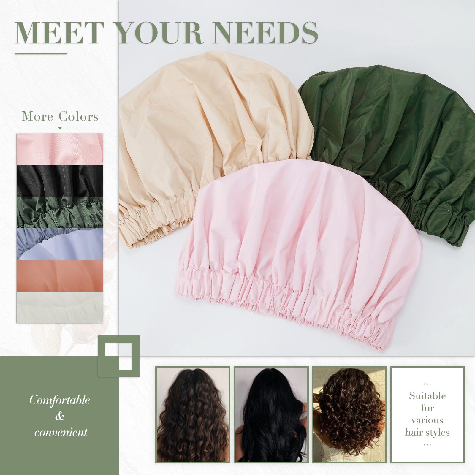 Reusable Shower Cap for Women, Large Waterproof Shower Bonnet Washable Elastic Band Bath Accessories Hair Hat for Long Hair, Braids(Beige)