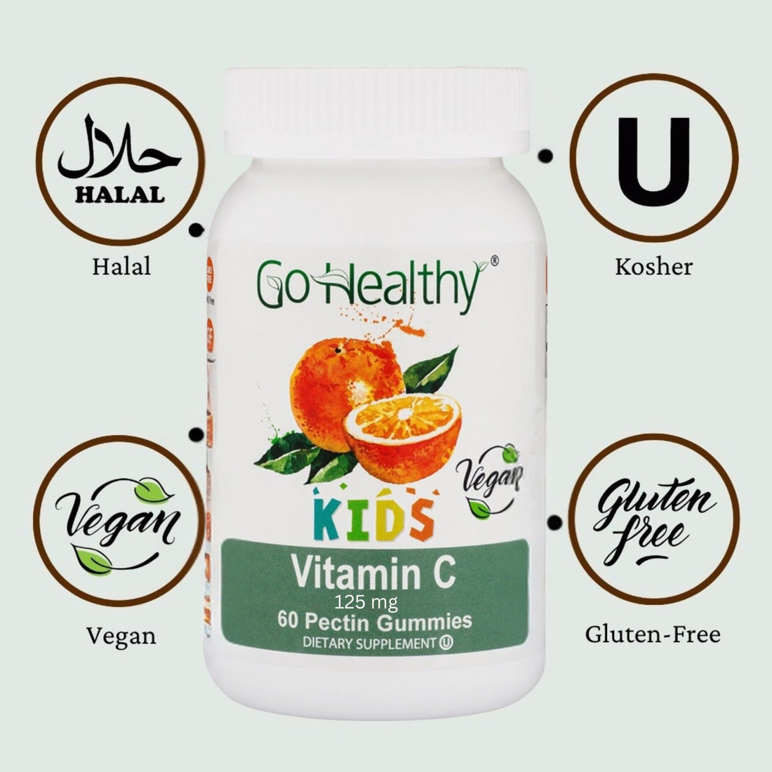 Go Healthy Vitamin C Gummies for Kids - Toddler & Children's Vitamin Gummy Supplement, Growth & Immune Support – Kosher, Halal, Non-GMO, Gluten-Free, Delicious Orange Flavor - 60 Servings