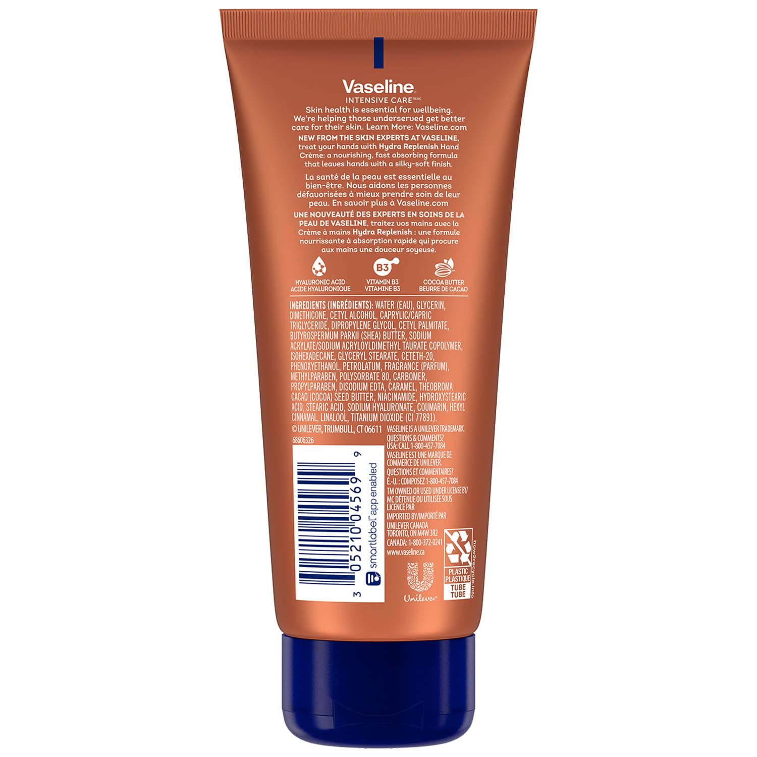 Vaseline Hand Cream 2-Pack – Hydra Replenish Hand Crème, Petroleum Jelly, Hyaluronic Acid, Cocoa Butter Lotion for Dry Skin with Vitamin B3, 3.4 Oz Ea