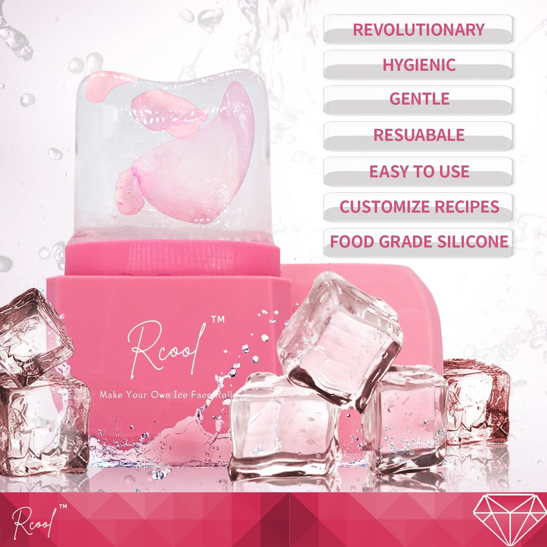 Ice Roller For Face Eyes and Neck,Rcool Revolutionary Diamond Ice Face Roller To Brighten Skin & Enhance Your Natural Glow/De-puff Eye Bags Shrink Pores and Lubricate the Skin.(Pink)