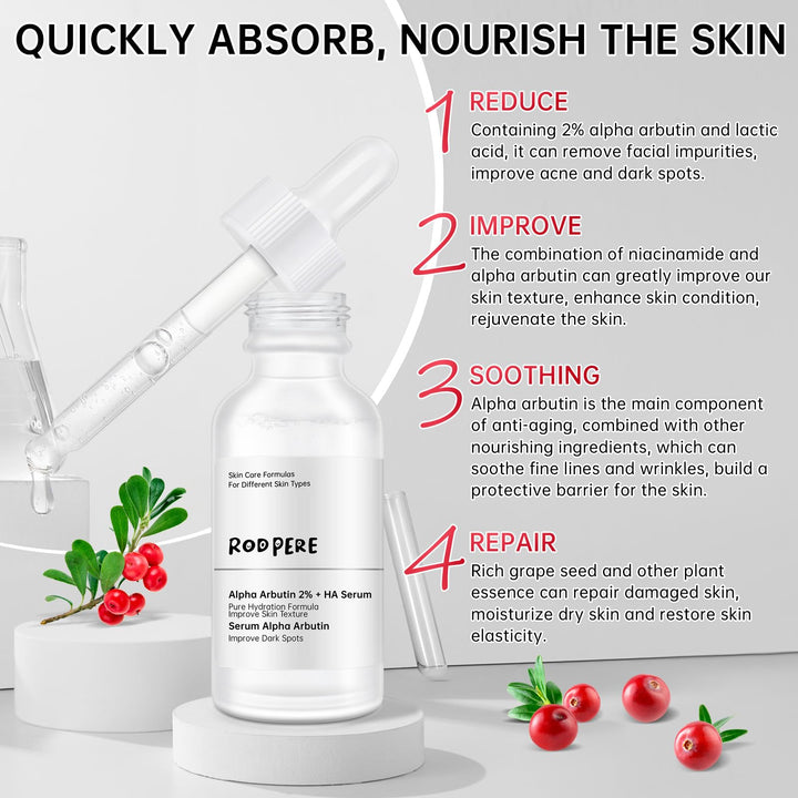 Alpha Arbutin 2% Serum For Dark Spots, Alpha Arbutin 2 Ha Serum For Acne, Fine Lines, 30 ML Hyaluronic Acid Serum With Niacinamide For Face, Shrink Pores, Anti Aging.
