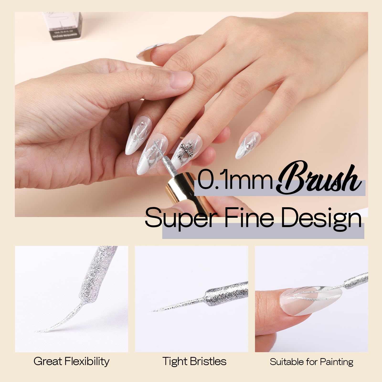 Teenitor Gel Nail Polish for Nail Art Swirl 12ml, 4 Colors of Liner Gel Polish Set, Black White Nail Polish for French Tip, Glitter Gold Silver Nail Art Polish with Thin Brush