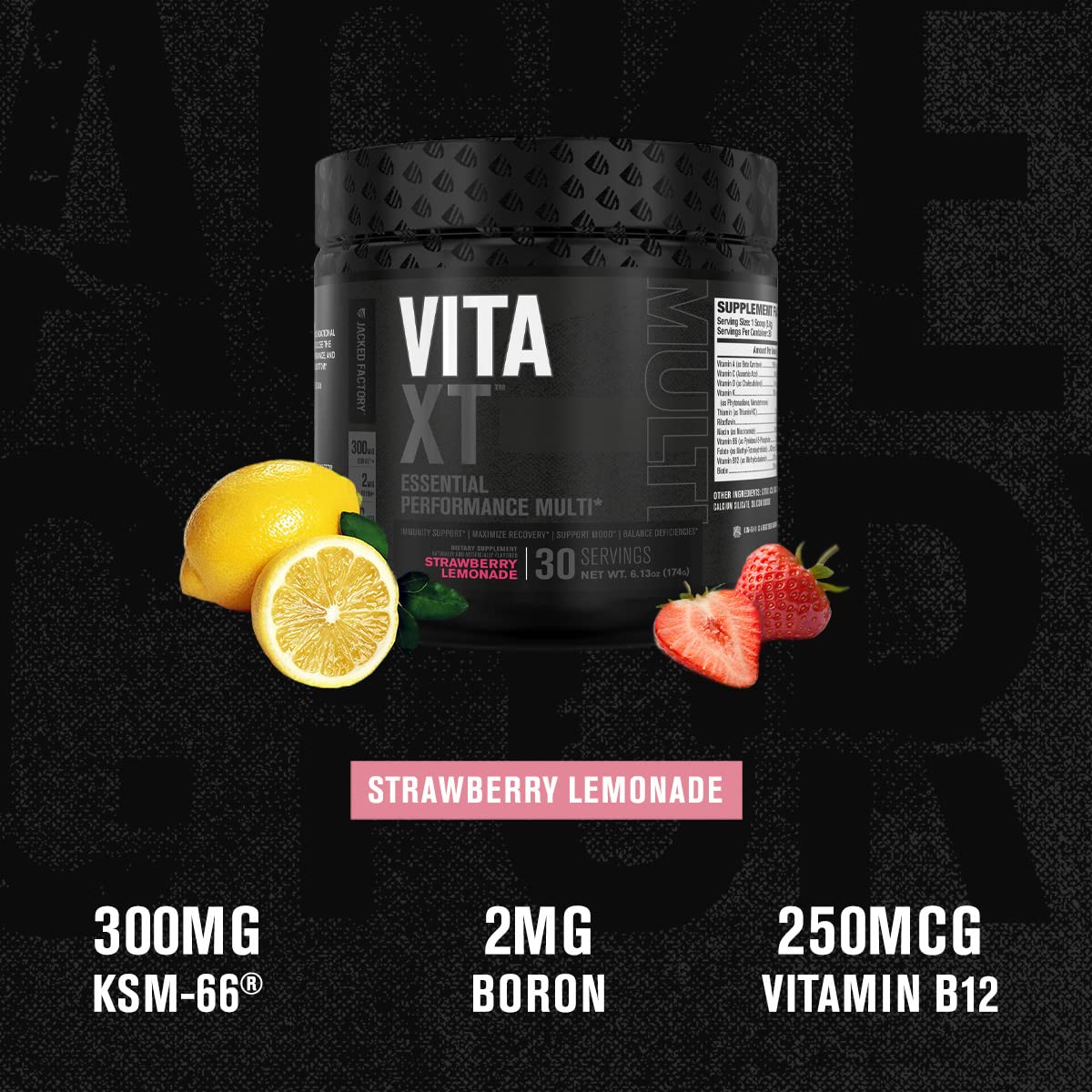 Jacked Factory Vita XT Performance Vitamin Powder - Daily Multivitamin Powder for Men with KSM-66 Ashwagandha, Prebiotic Fiber, Vitamin A, C, D, K, B6, B12, & More - Strawberry Lemonade, 30Sv