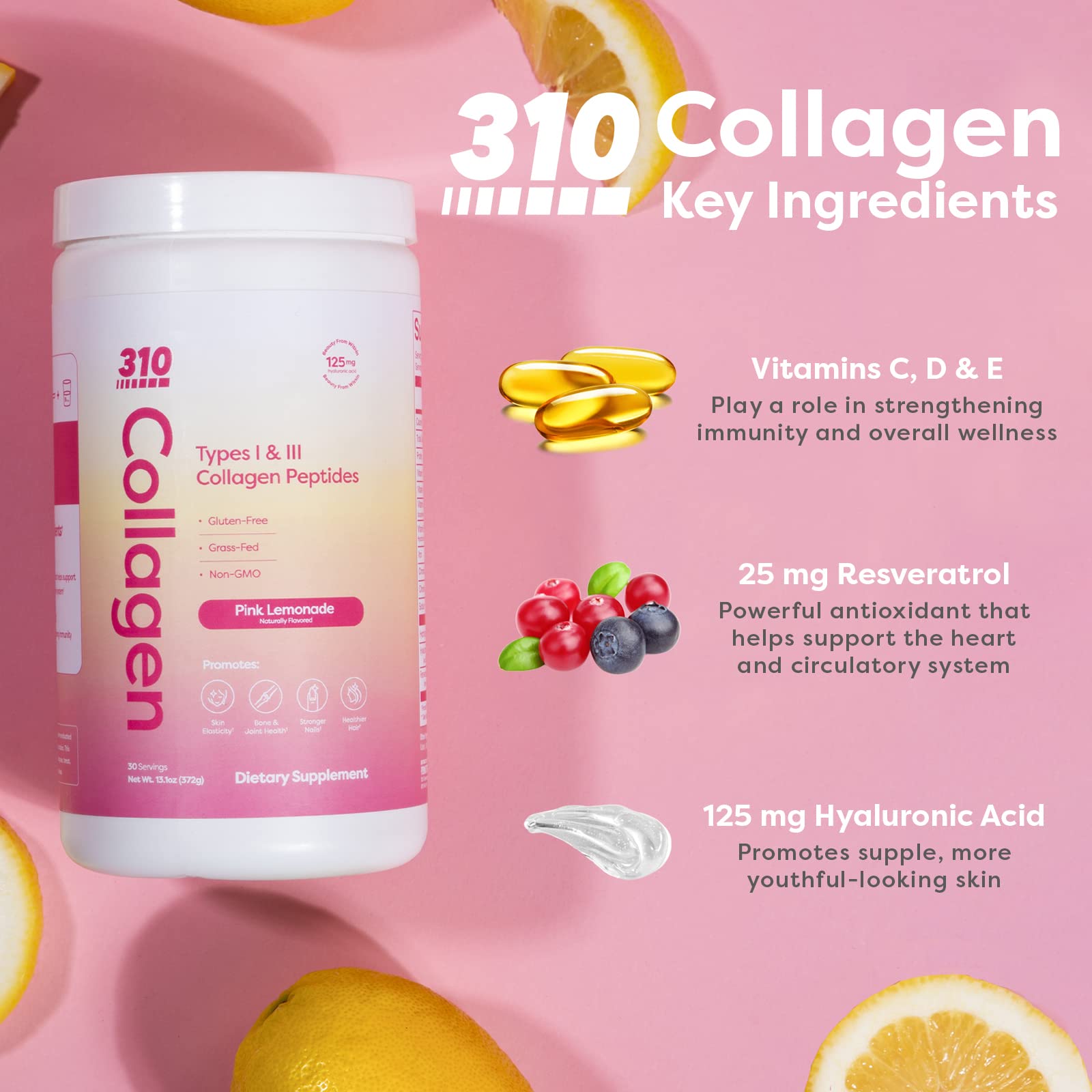 310 Nutrition - Collagen Peptides Protein Powder - Collagen Supplement - Multi Collagen Protein with Vitamins C, D, and E – Keto Friendly – Pink Lemonade 30 Servings