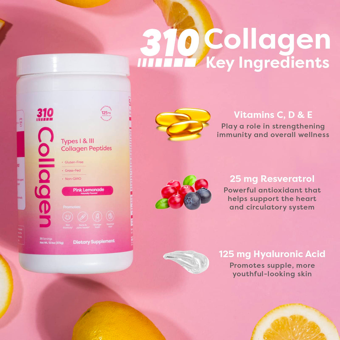310 Nutrition - Collagen Peptides Protein Powder - Collagen Supplement - Multi Collagen Protein with Vitamins C, D, and E – Keto Friendly – Pink Lemonade 30 Servings