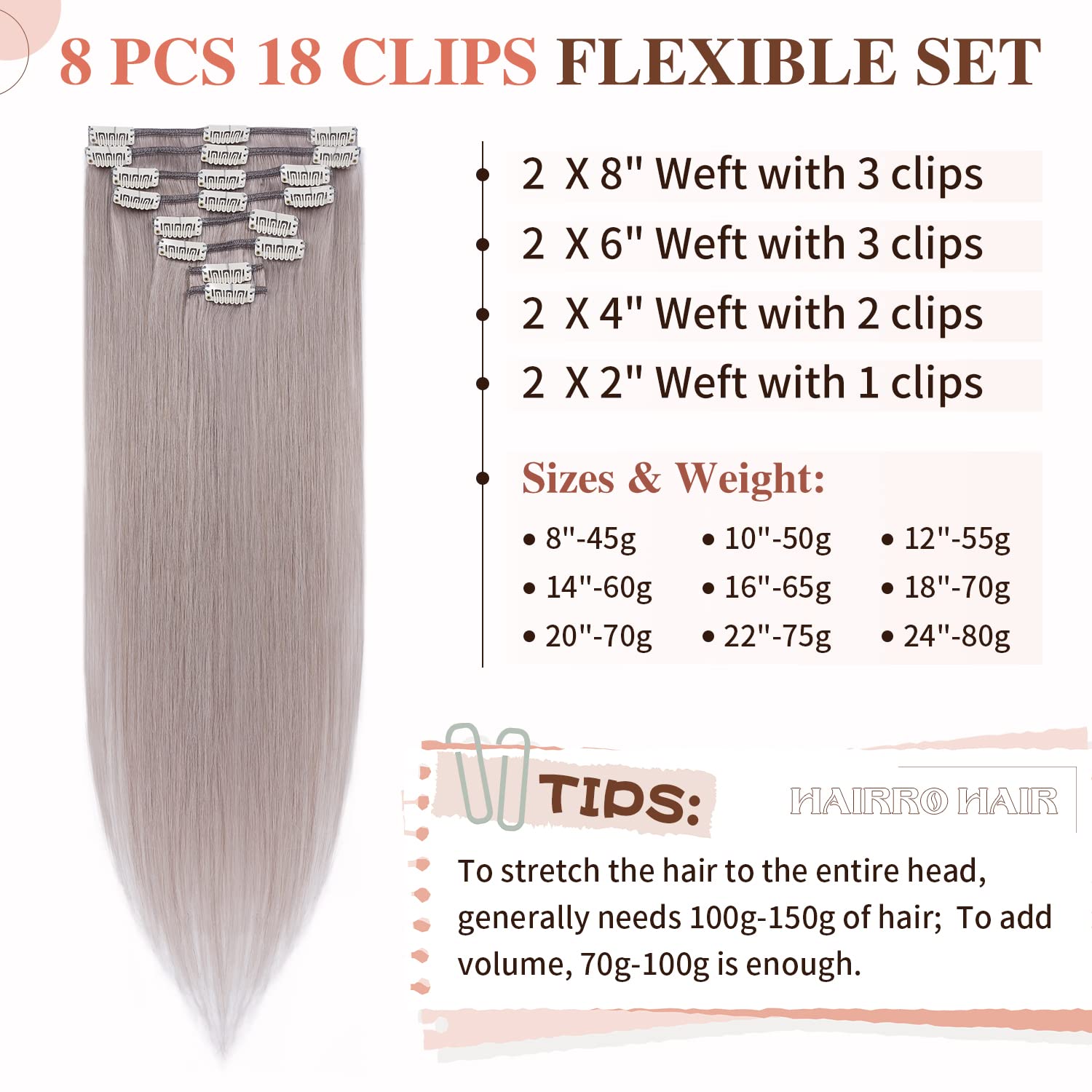 Hairro Clip in Hair Extensions 100% Human Hair Thin Grey 12 Inch Short Straight Human Hair Clip on Hairpieces 55g Machine Weft 8pcs 18 Clips for Women