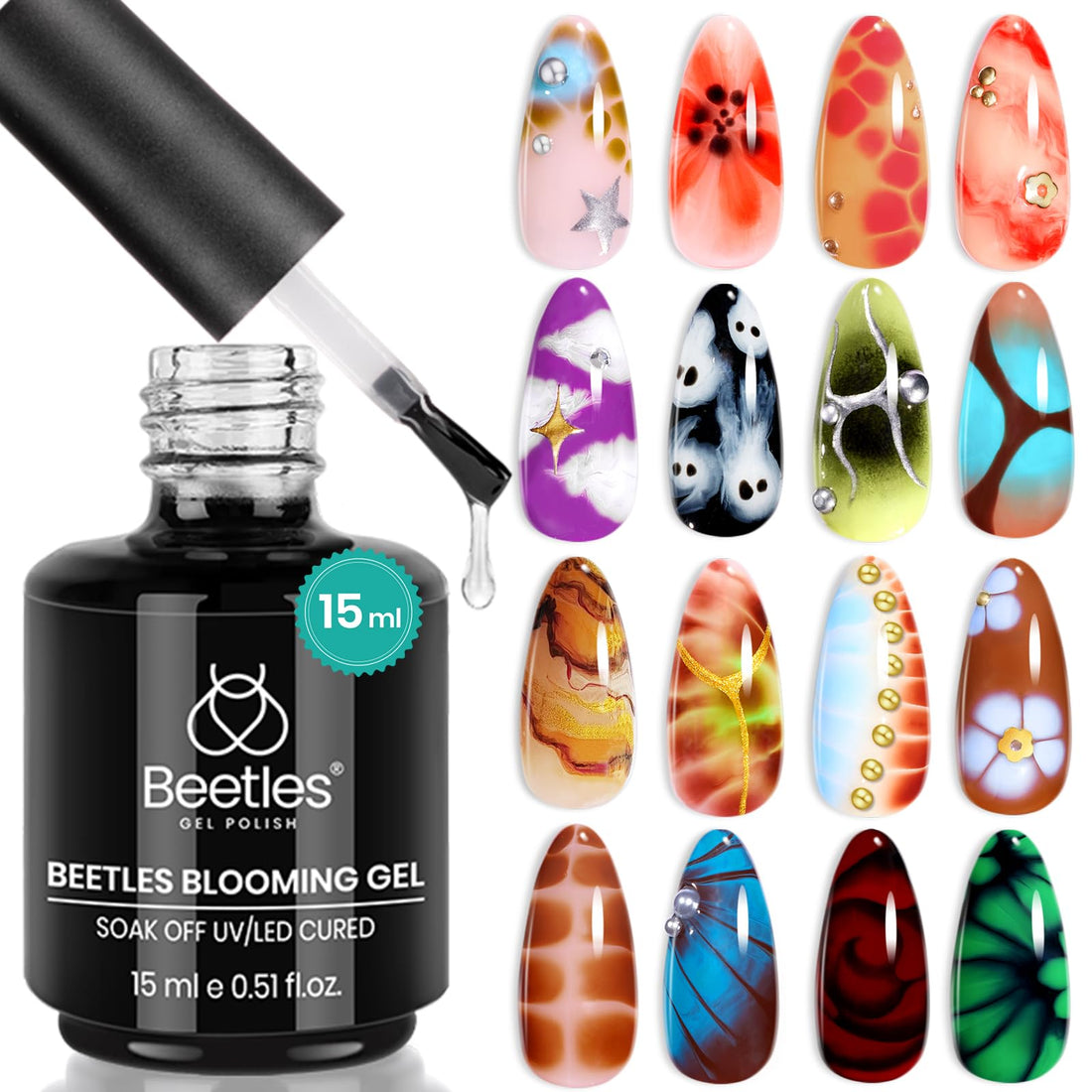 Beetles Blooming Gel 15ml Clear Uv Led Blossom Halloween Gel Polish for Spreading Effect Marble Natural Stone Watercolor Floral Print Soak off Diy Nail Art Design Manicure Gift for Women