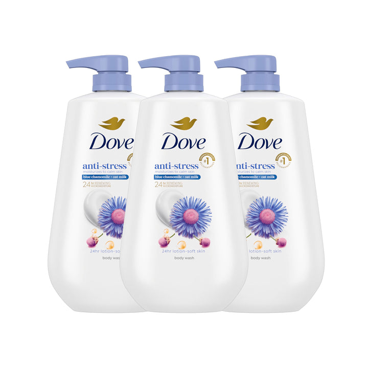 Dove Body Wash with Pump 3 Count Anti-Stress Blue Chamomile & Oat Milk, for 24hr Lotion-Soft Skin Moisturizing Skin Cleanser with No Sulfates No Parabens