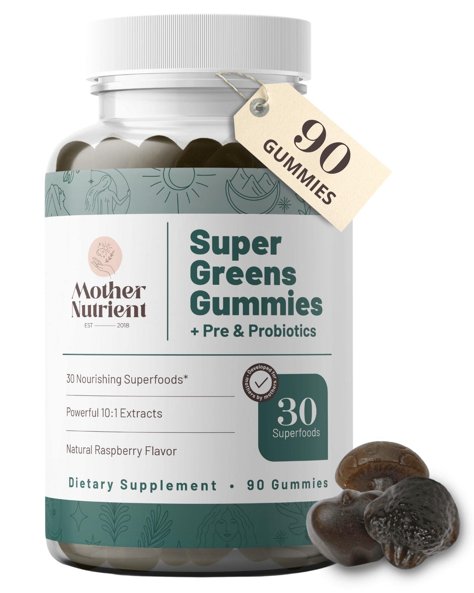 Super Greens Gummies for Women, Adults - with Prebiotics & Probiotics, Not 8, but 30 Powerful Greens Superfoods - Multivitamin Veggie Chewables (90 Gummies)