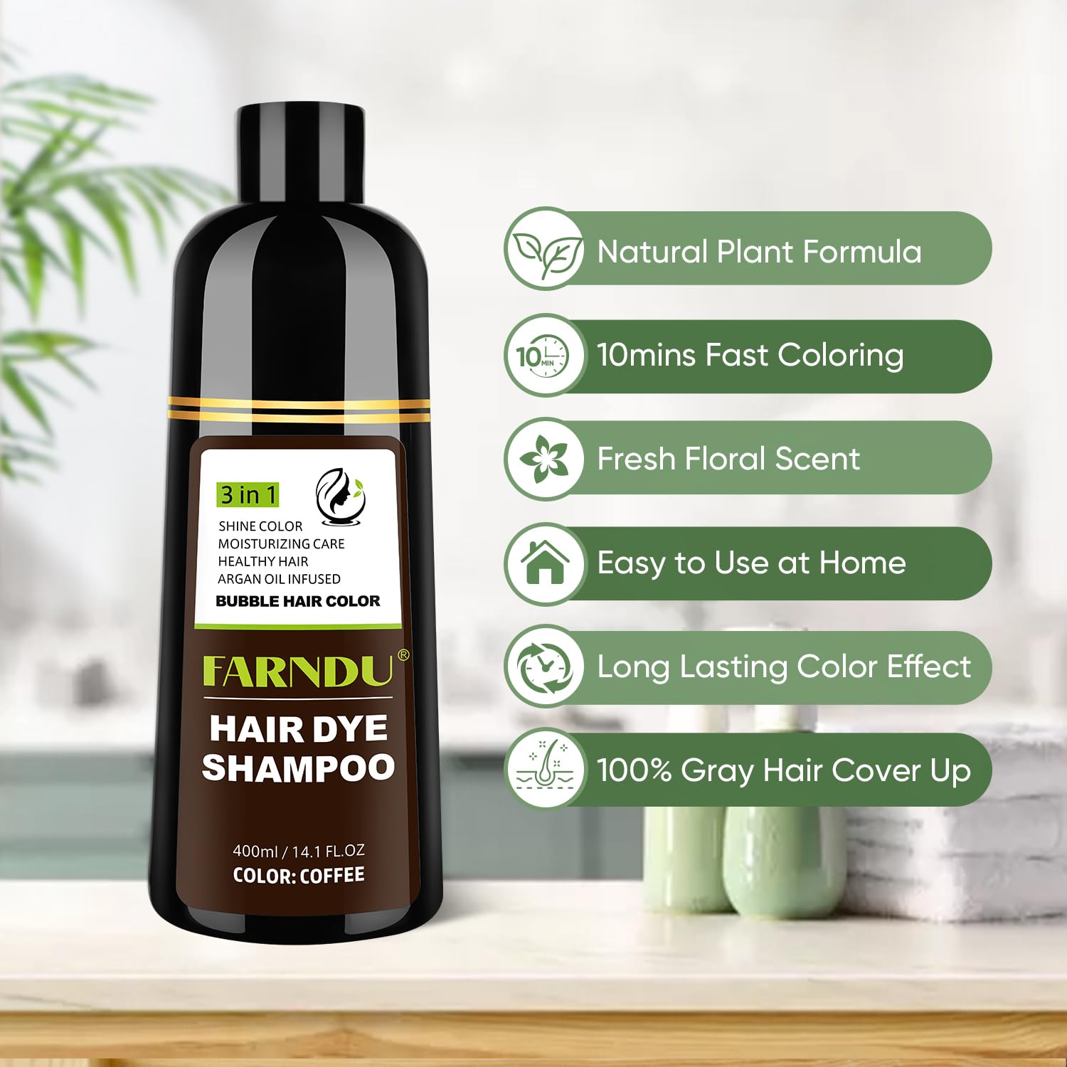 Farndu Coffee Hair Dye Shampoo for Women & Men - Gray Coverage 3 In 1 Natural Color Shampoo