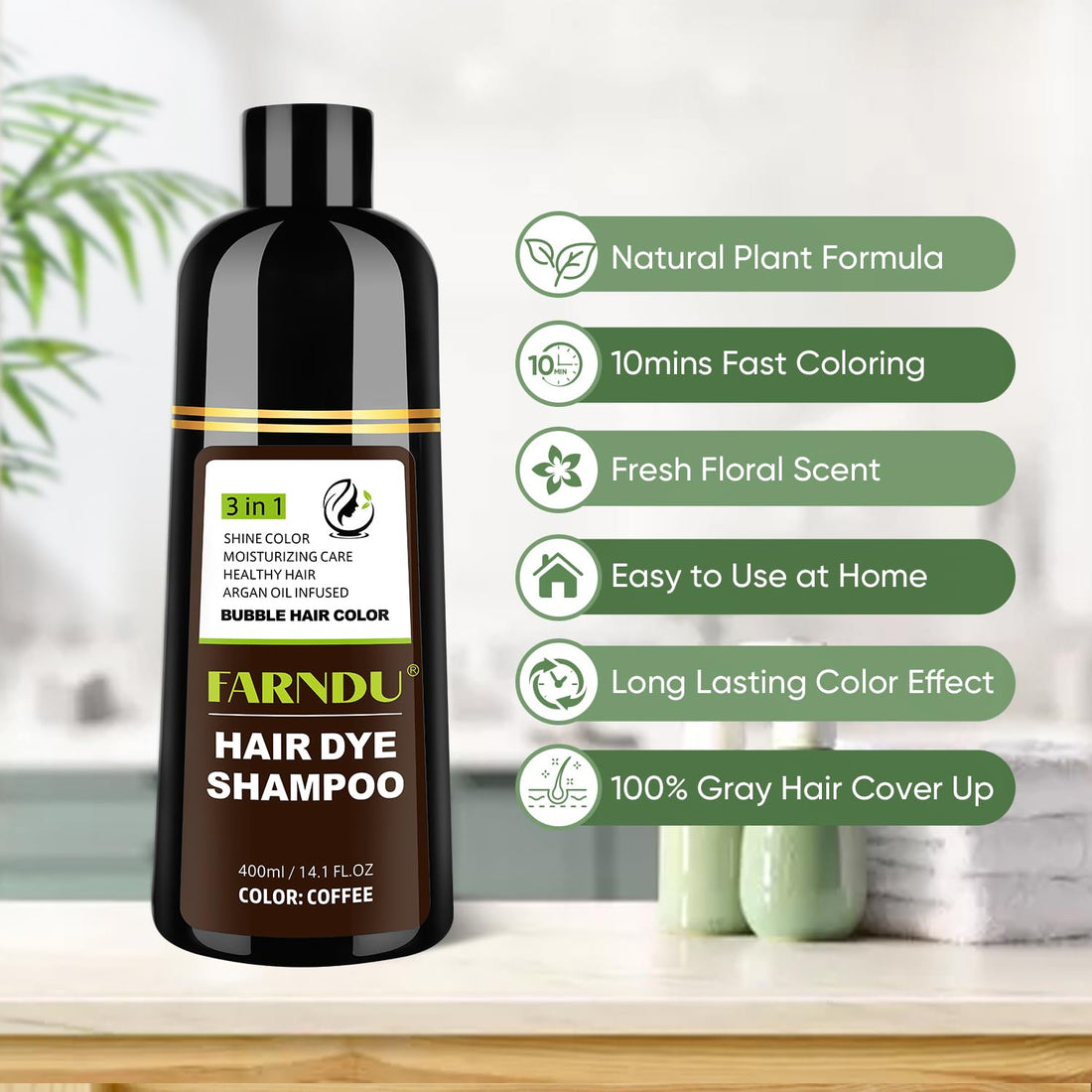 Farndu Coffee Hair Dye Shampoo for Women & Men - Gray Coverage 3 In 1 Natural Color Shampoo