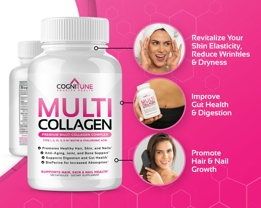 Multi Collagen for Women with Hyaluronic Acid, Vitamin C and Biotin, Collagen Protein Supplement with Types I, II, III, V, X Peptides for Healthy Hair, Skin, Nails and Joints, 120 Capsules