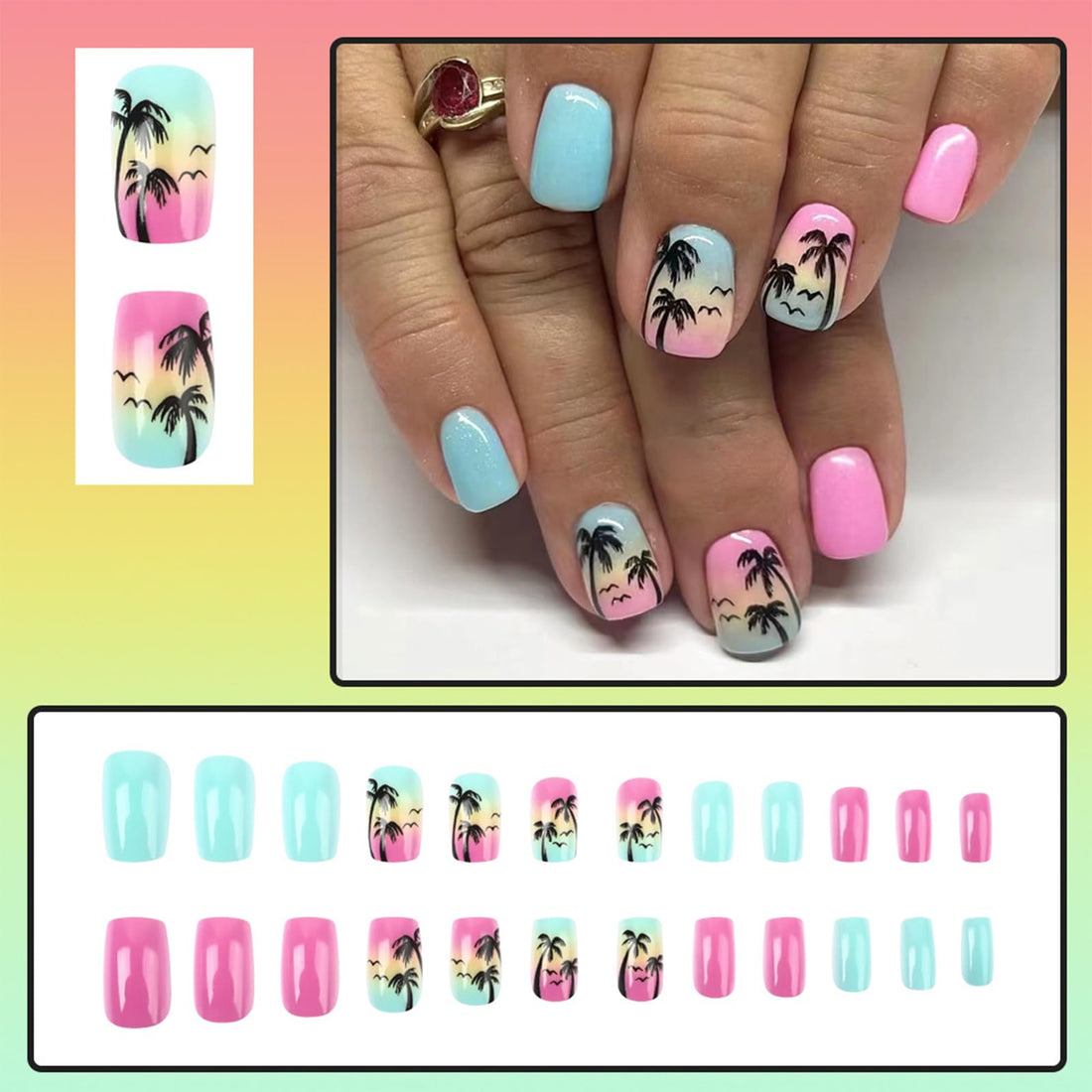 Summer Press on Nails Short Square Fake Nails with Palm Tree Seagull Designs Blue Pink Gradient Acrylic False Nails Beach Coconut Tree Full Cover Glue on Nails Glossy Stick on Nails for Women 24Pcs