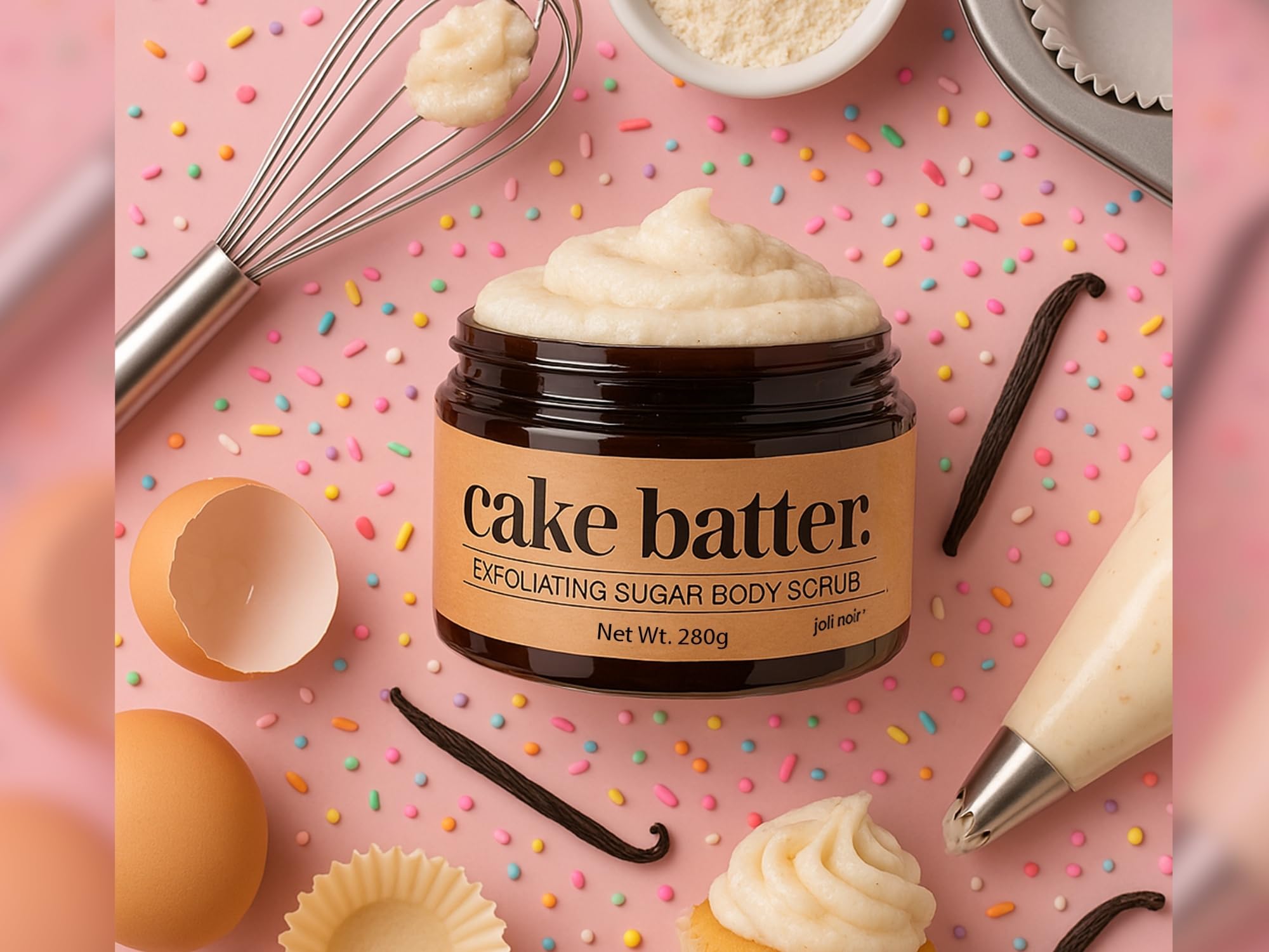 Joli Noir - Sugar Scrub - [Cake Batter] Exfoliating Body Scrub Made With Pumice, Grapeseed, Olive Oil, Sunflower, & Castor Oils To Reveal Silky Smooth Skin