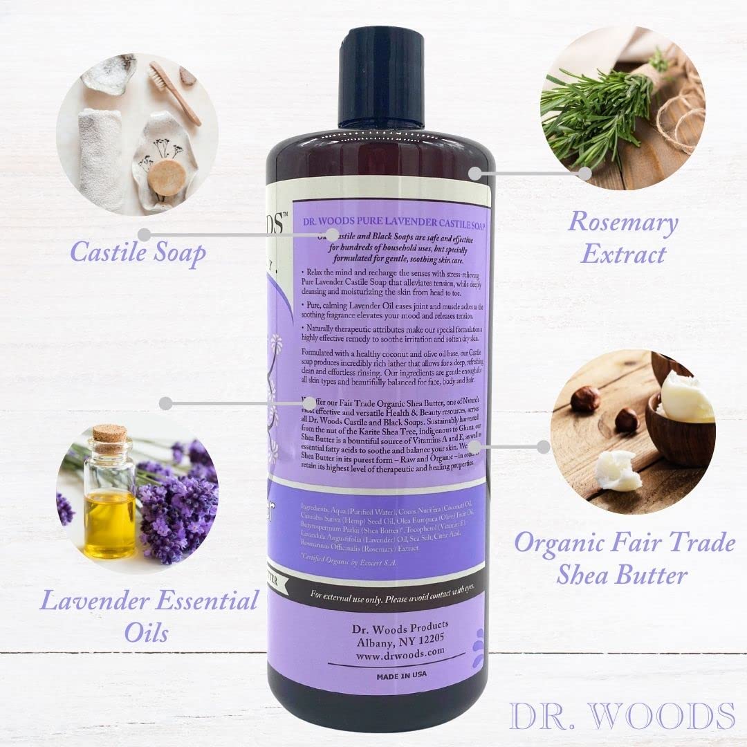 Dr. Woods Pure Lavender Castile Soap with Organic Shea Butter, 32 Ounce (Pack of 2)