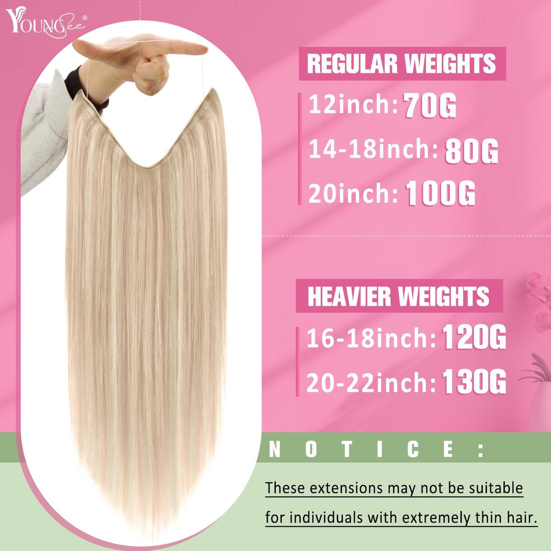 Youngsee 16 inch Invisible Wire Secret Halo Hair Extensions Human Hair Ash Blonde light with Bleach Blonde No Glue Hair Flip on Hair Extensions 11inch Width 80g/pack