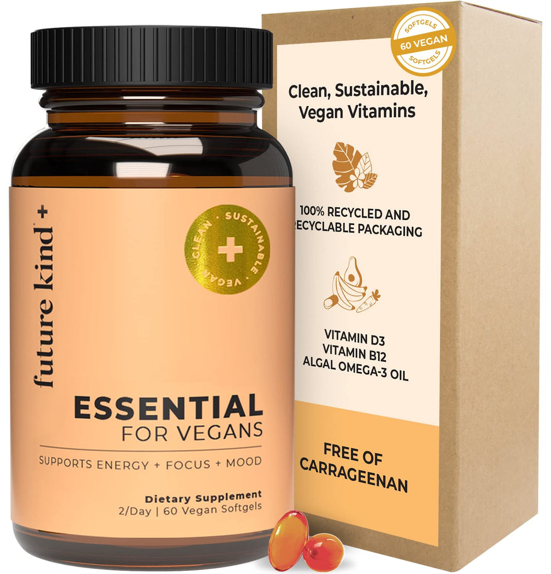 Future Kind Vegan Multivitamins - Glass Bottle & Made for Vegans with Omega 3 DHA, EPA, Vitamin B12 & D3 for Energy, Focus, & Mood (60 Softgels)