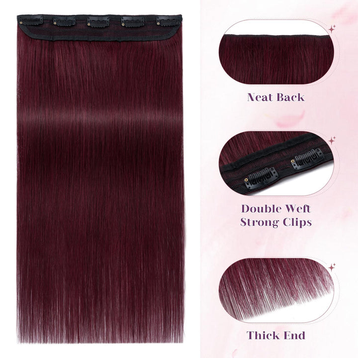 S-noilite 22inch Burgundy Clip in Human Hair Extensions One Piece 5 Clips 3/4 Full Head Soft Silky Clip on Remy Hair For Women Gift 55g #99J Wine Red