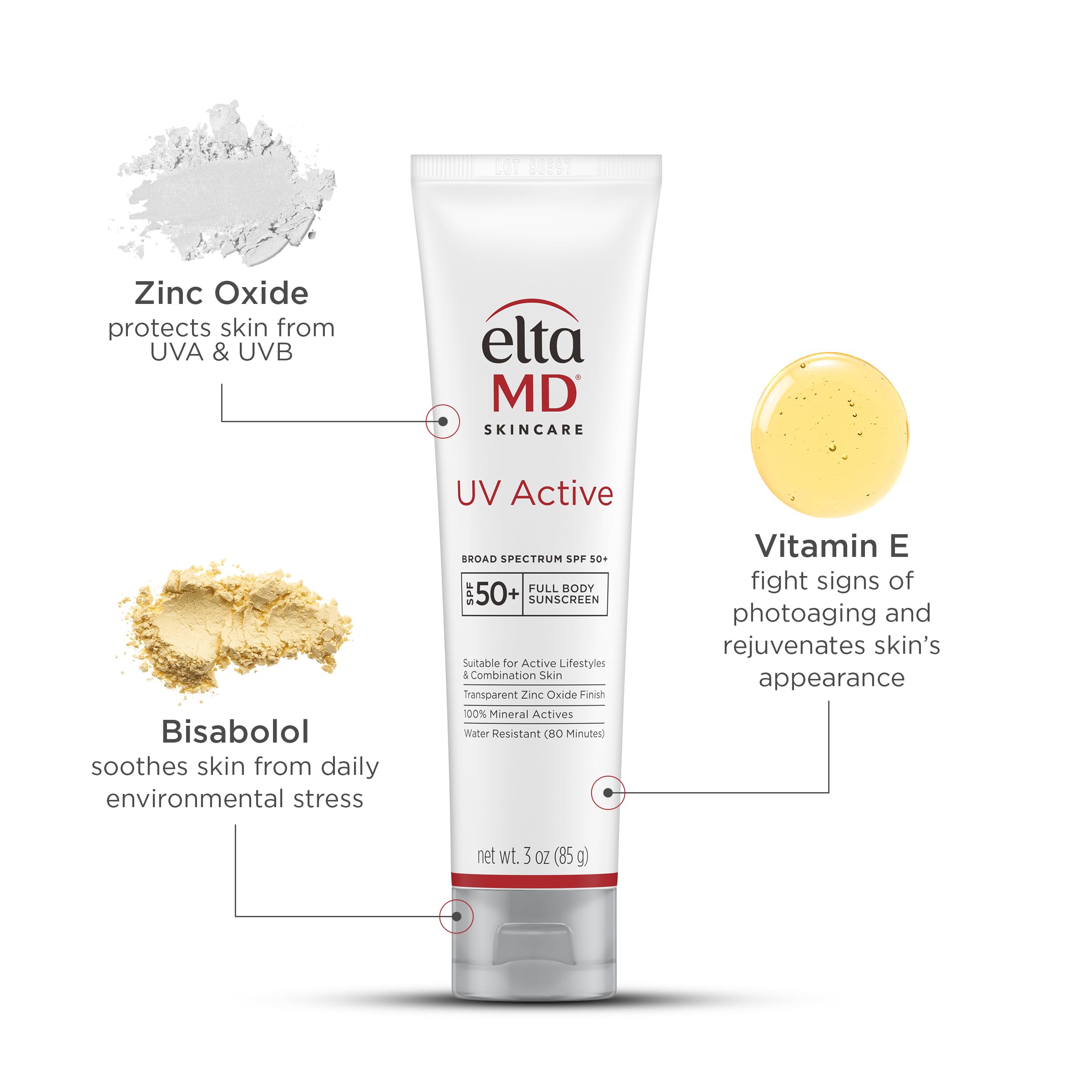 EltaMD UV Active Mineral Sunscreen with Zinc Oxide, Water Resistant Sunscreen SPF 50+ Up to 80 Minutes, Oil Free SPF for Face and Body, 3.0 oz Tube