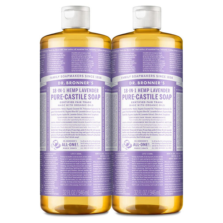 Dr. Bronner's - Pure-Castile Liquid Soap (Lavender, 32 ounce, 2-Pack) - Made with Organic Oils, 18-in-1 Uses: Face, Body, Hair, Laundry, Pets and Dishes, Concentrated, Vegan, Non-GMO