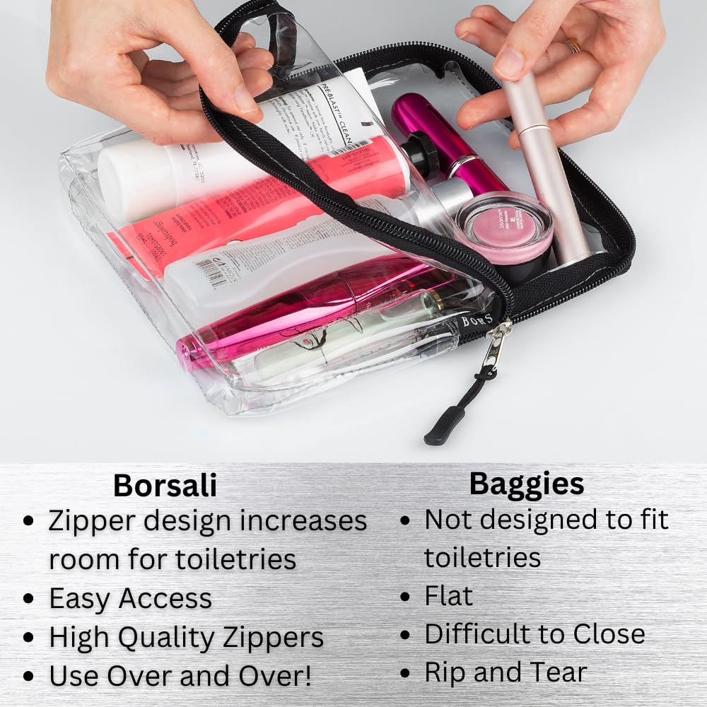 BORSALI TSA Quart Size Bag Approved for Carry On Travel - One (1) Quart Clear Toiletires, Cosmetic and 3-1-1 Liquids Toiletry Bag