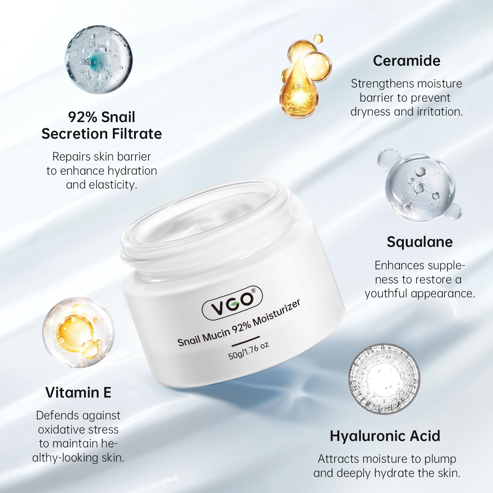 VGO Snail Mucin 92% Face Moisturizer – Anti Aging, Skin Repair & Hydrating Face Cream with Ceramide & Vitamin E, 1.76 oz