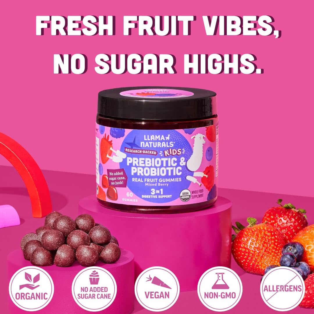 Llama Naturals Prebiotics and Probiotics for Kids, Real Fruit Gummy Vitamins, Probiotic Gummies with Prebiotic Fiber for Gut Health Support, No Sugar Added, Mixed Berry, 60 Ct (30-60 Day Supply)