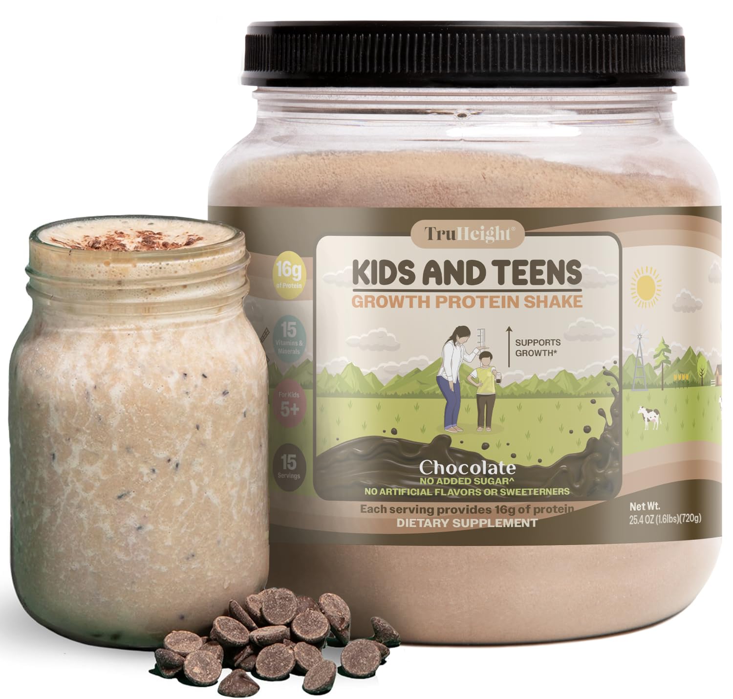 TruHeight Growth Protein Shake (Chocolate Milk Flavor, Whey) Natural Growth & Development Protein Powder for Kids & Teens - Endorsed by Pediatricians - Vitamins & Minerals for Picky Eaters - Ages 5+