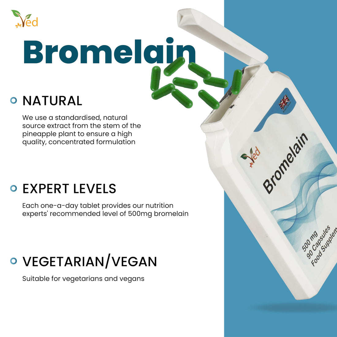 Ved Bromelain Capsule High Strength 3000 GDU/g 500mg per Capsule, Naturally Derived from Pineapple, Vegan Capsule, 90 Capsule(3 Months Supply)