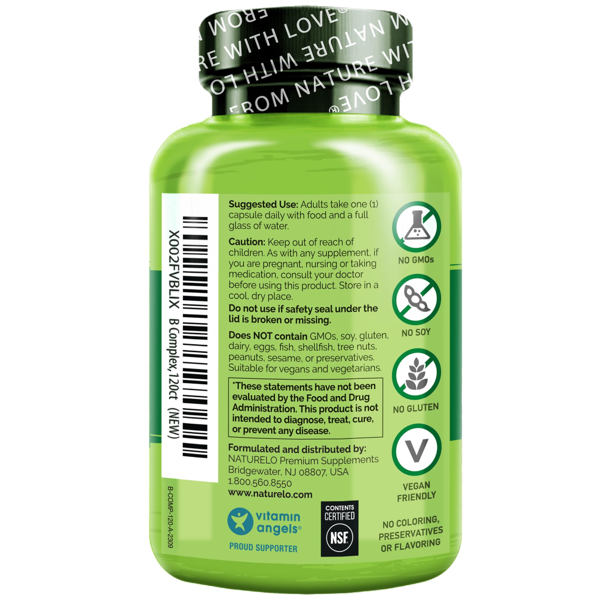 NATURELO Vitamin B Complex with Methyl B12, Methyl Folate, Vitamin B6, Biotin Plus Choline, CoQ10, and Fruit & Vegetable Blend - Supports Energy & Healthy Stress Response - Vegan - 120 Capsules