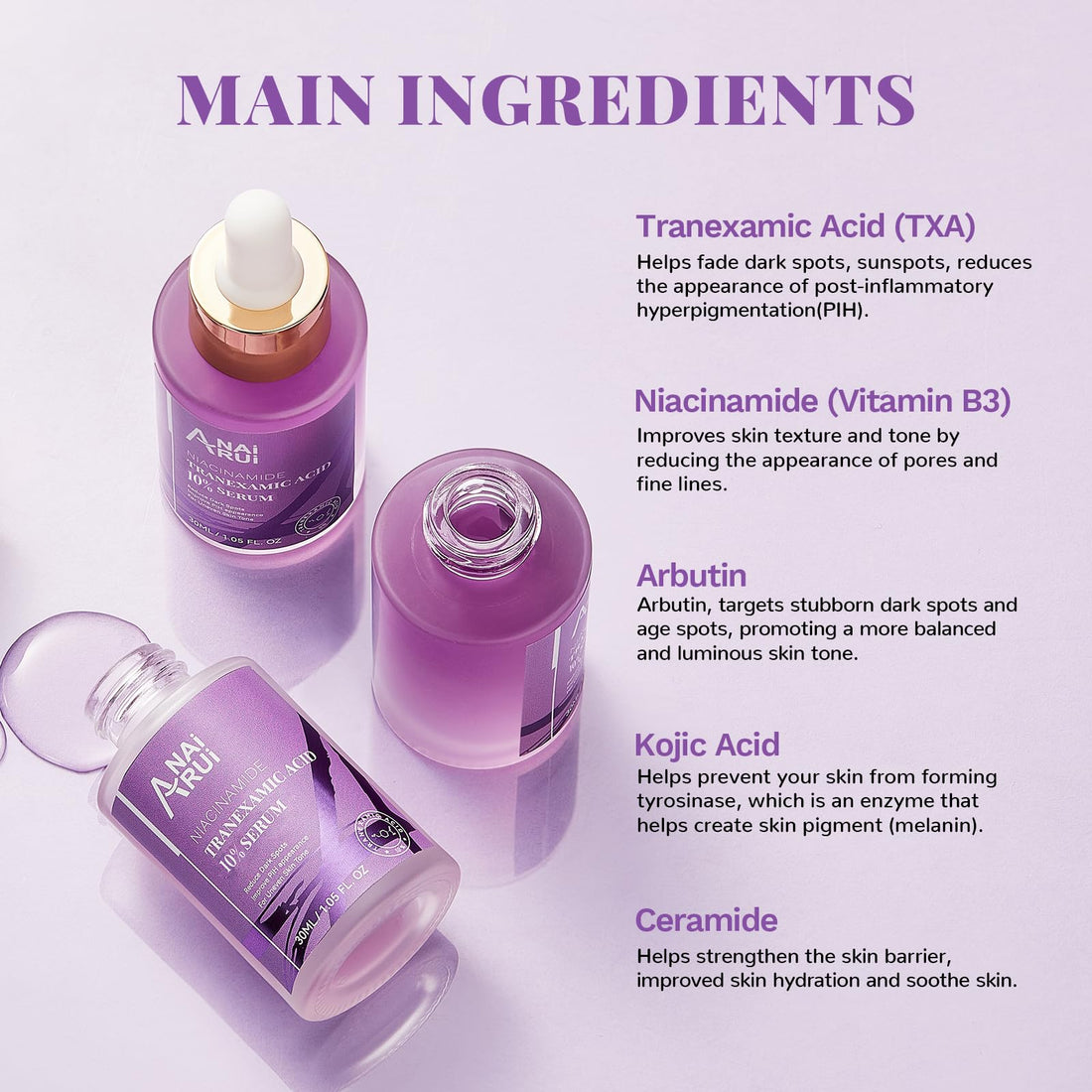 ANAI RUI 10% Tranexamic Acid Serum With Niacinamide,Kojic acid, Arbutin,Ceramide, for Uneven Skin Tone 1.05 FL.Oz
