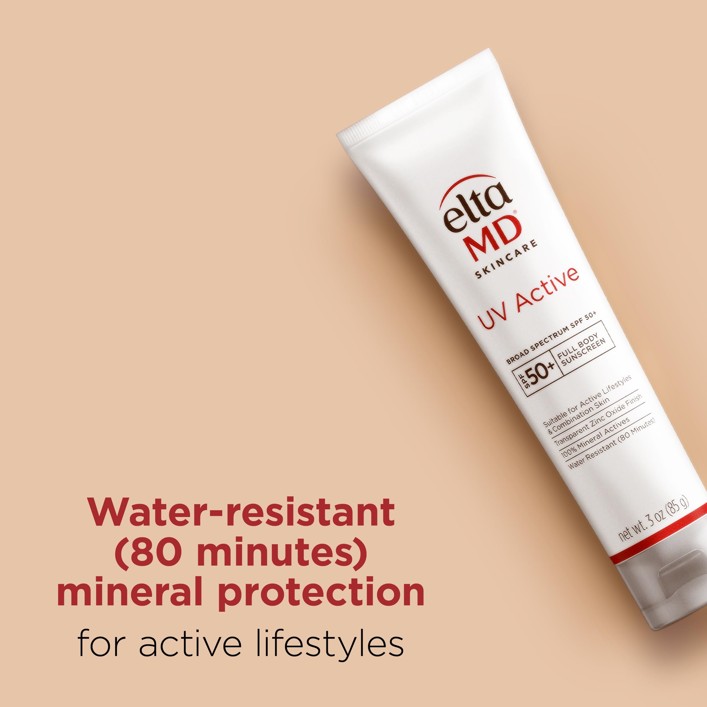 EltaMD UV Active Mineral Sunscreen with Zinc Oxide, Water Resistant Sunscreen SPF 50+ Up to 80 Minutes, Oil Free SPF for Face and Body, 3.0 oz Tube