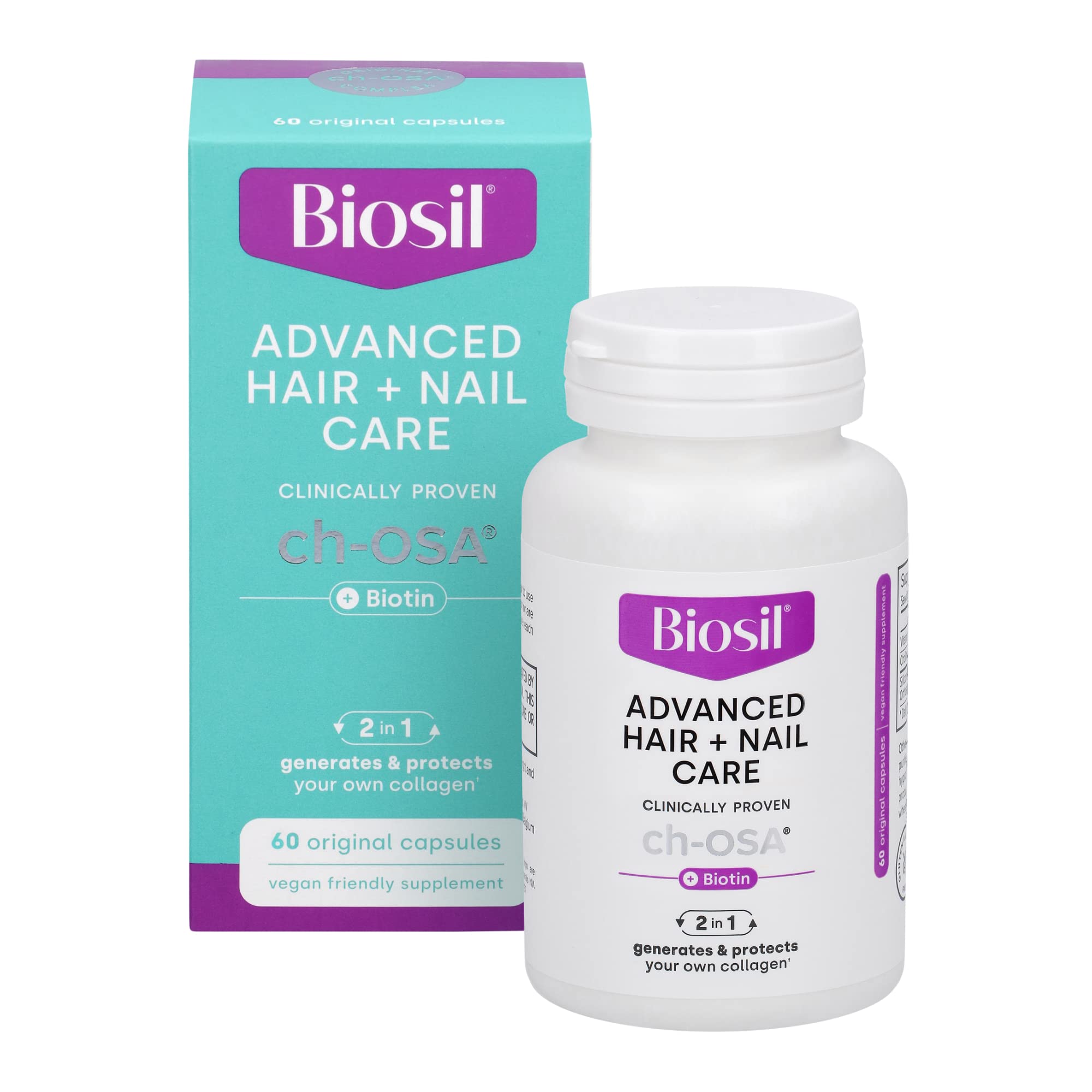 Biosil Advanced Hair + Nail Care - 60 Capsules - Grow, Strengthen & Thicken Hair and Nails - with Patented ch-OSA & Biotin - 30-Day Supply
