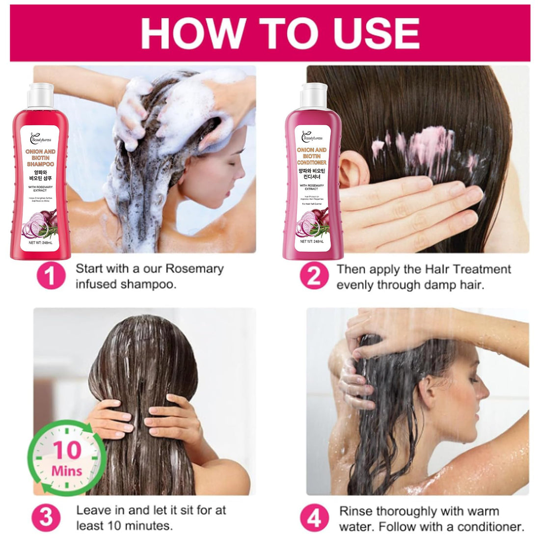 Onion Biotin and Rosemary Shampoo and Treatment Set Shampoo, Conditioner and Treatment for All Hair Types, Pink (248ML*2)