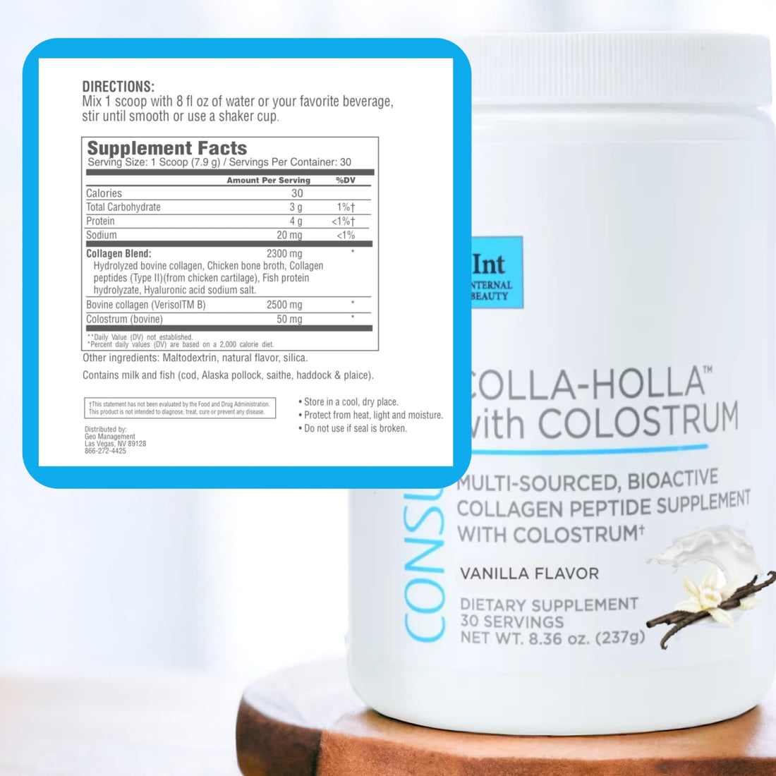 Consult Health Colla-Holla with Colostrum - Vanilla Flavor - Multi Sourced, Bioactive Collagen Peptide Hydrolyzed Powder - Supports Skin, Hair, Nails - 8.36 oz
