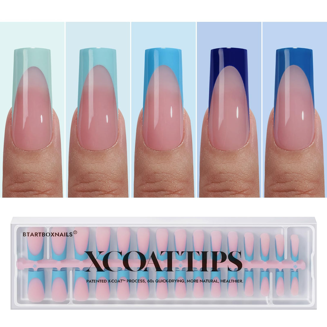 BTArtboxnails XCOATTIPS French Tip Press On Nails - Blue Press On Nails Square, Long Fake Nail Tips, 150Pcs Soak Off Soft Gel Acrylic Nail Extension in 15 Sizes