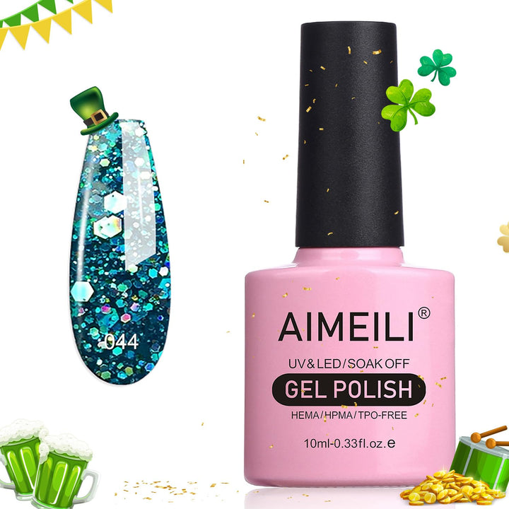 AIMEILI Shellac Soak Off UV LED Gel Nail Polish - Diamond Glitter Teal Blue Green (044) 10ml