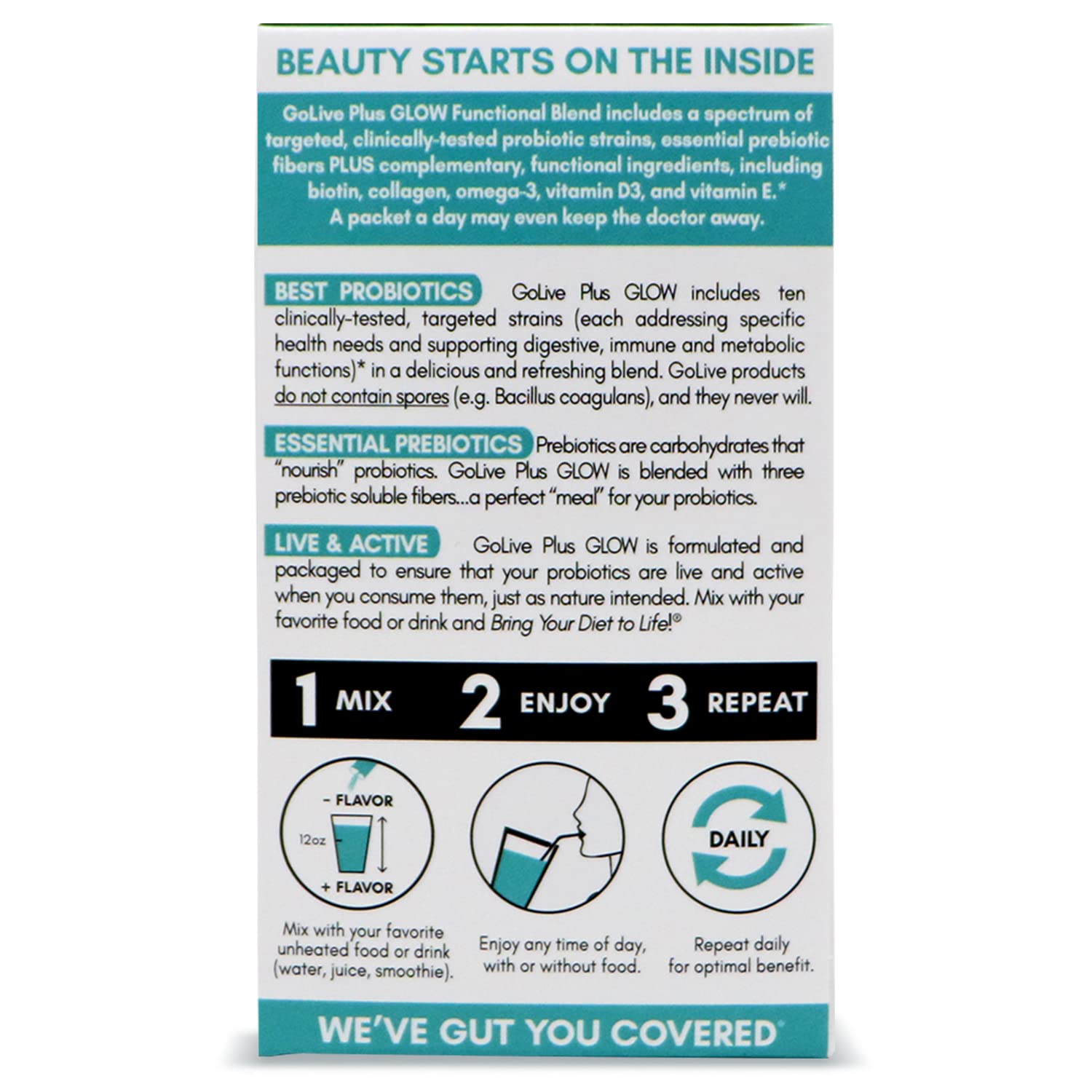 GoLive Probiotics & Prebiotics for Women and Men Glow for Beauty, Sugar-Free Synbiotic Powder. +25 Bllion CFUs; 10 Clinical Strains for Healthy, Immune & Digestive Health, 10 Count (Pack of 1)