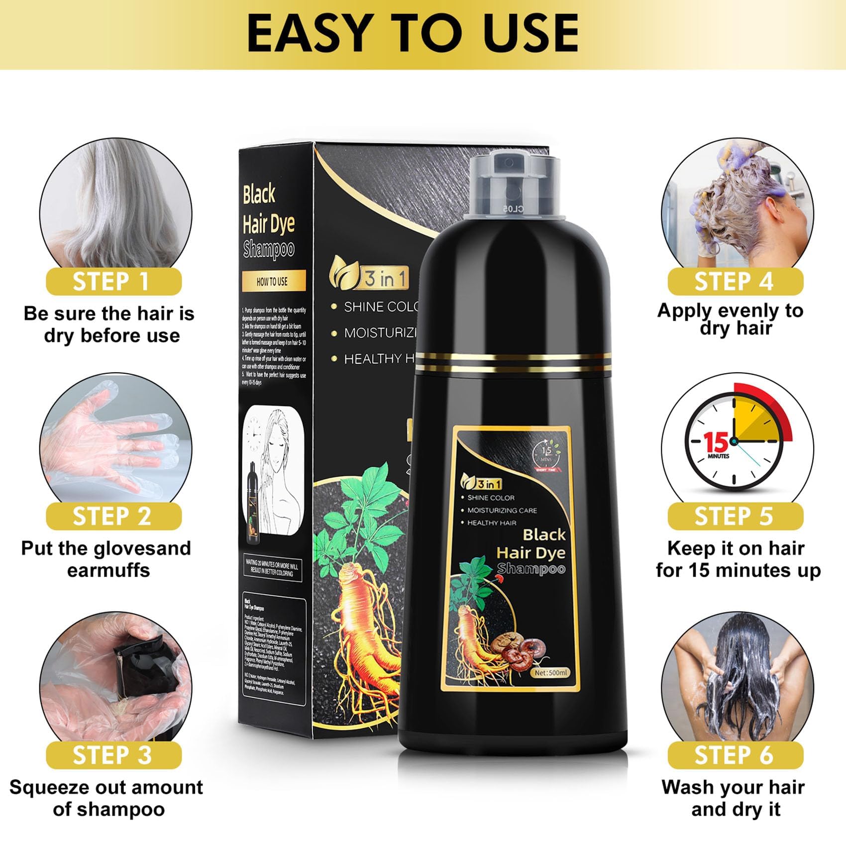 AUSGREER Black Hair Dye Shampoo 3 in 1 for Women & Men Gray Hair Coverage, Hair Color Shampoo,Herbal Ingredients Long Lasting Color 16.9Fl Oz(500ML)