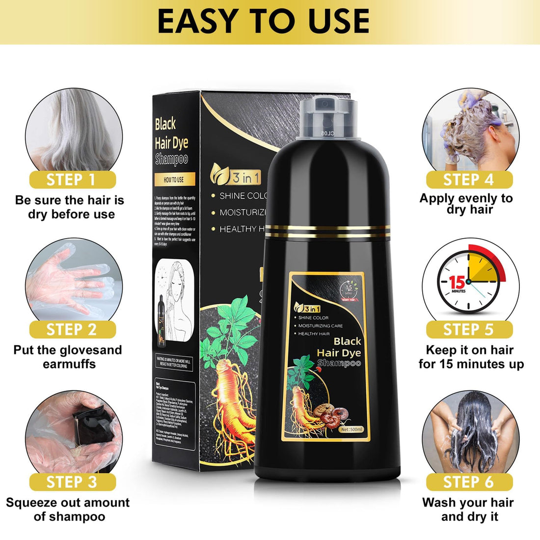 AUSGREER Black Hair Dye Shampoo 3 in 1 for Women & Men Gray Hair Coverage, Hair Color Shampoo,Herbal Ingredients Long Lasting Color 16.9Fl Oz(500ML)