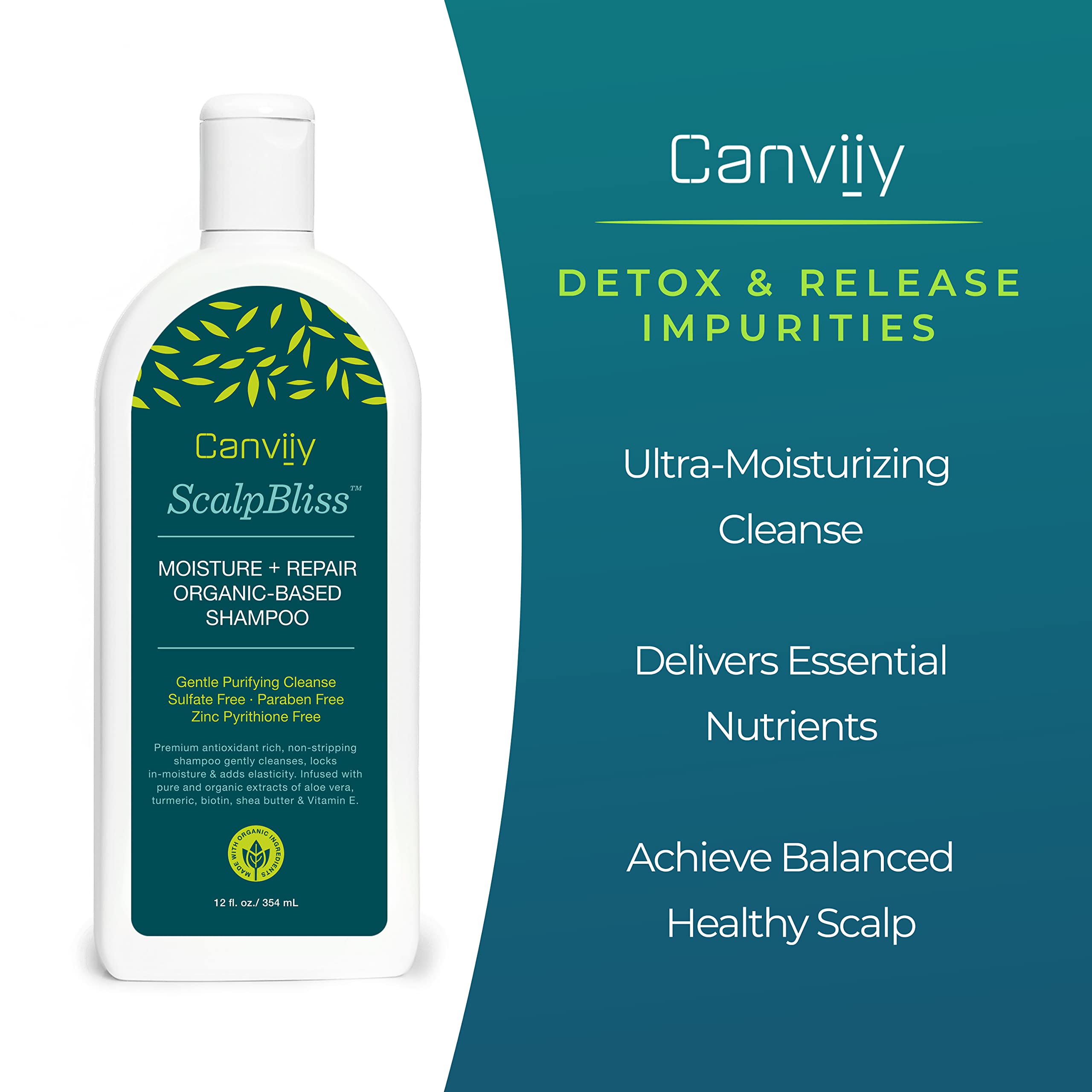 Canviiy ScalpBliss Moisture + Repair Organic-Based Shampoo, Moisturizing Gentle Deep-Clean Powered by Natural Antioxidants and Minerals to Clarify Impurities, 12 Fl Oz (Pack of 1)