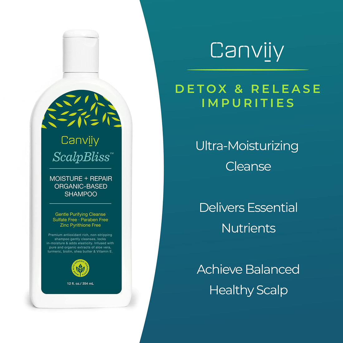 Canviiy ScalpBliss Moisture + Repair Organic-Based Shampoo, Moisturizing Gentle Deep-Clean Powered by Natural Antioxidants and Minerals to Clarify Impurities, 12 Fl Oz (Pack of 1)
