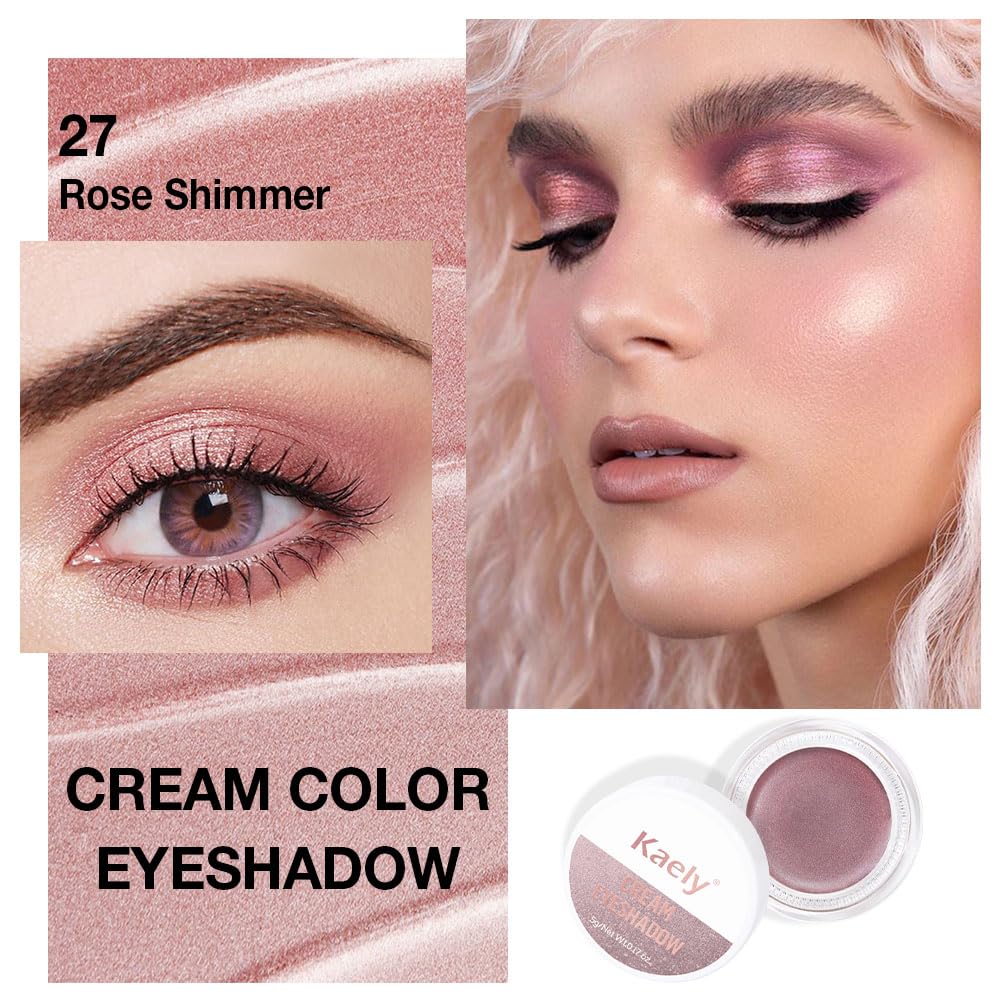 Kaely Single Cream Eyeshadow Pot, Rose Shimmer Highly Pigmented Monochrome Eye Shadow Palette Makeup, Waterproof Natural Mini Eyeshadow Brightener, sombras en crema para ojos, Blendable, 27