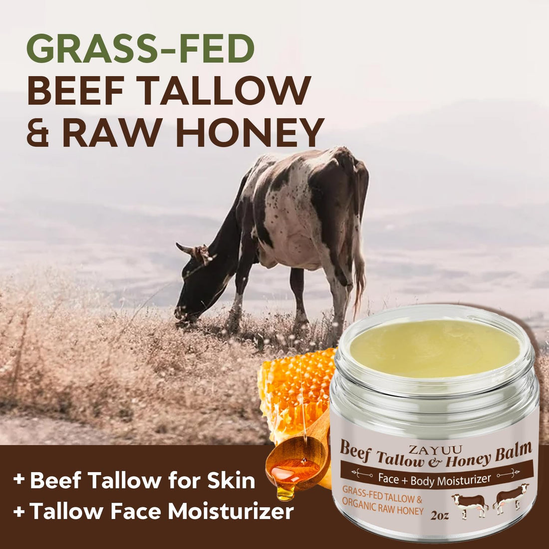 ZAYUU Beef Tallow and Honey Balm for Skin: Tallow Face Moisturizer with Honey - Grass-Fed Beef Tallow & Raw Wild Honey Balm - All-Natural Hydration for Face & Body - 2oz