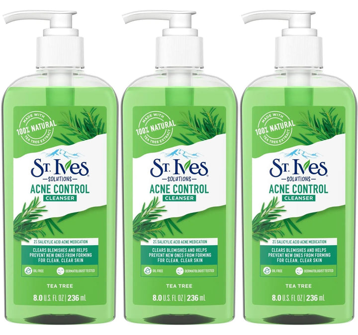 St. Ives Acne Control Face Cleanser Skin Care with 2% Salicylic Acid, and 100% Natural Tea Tree Extract 8 oz (Pack of 3)