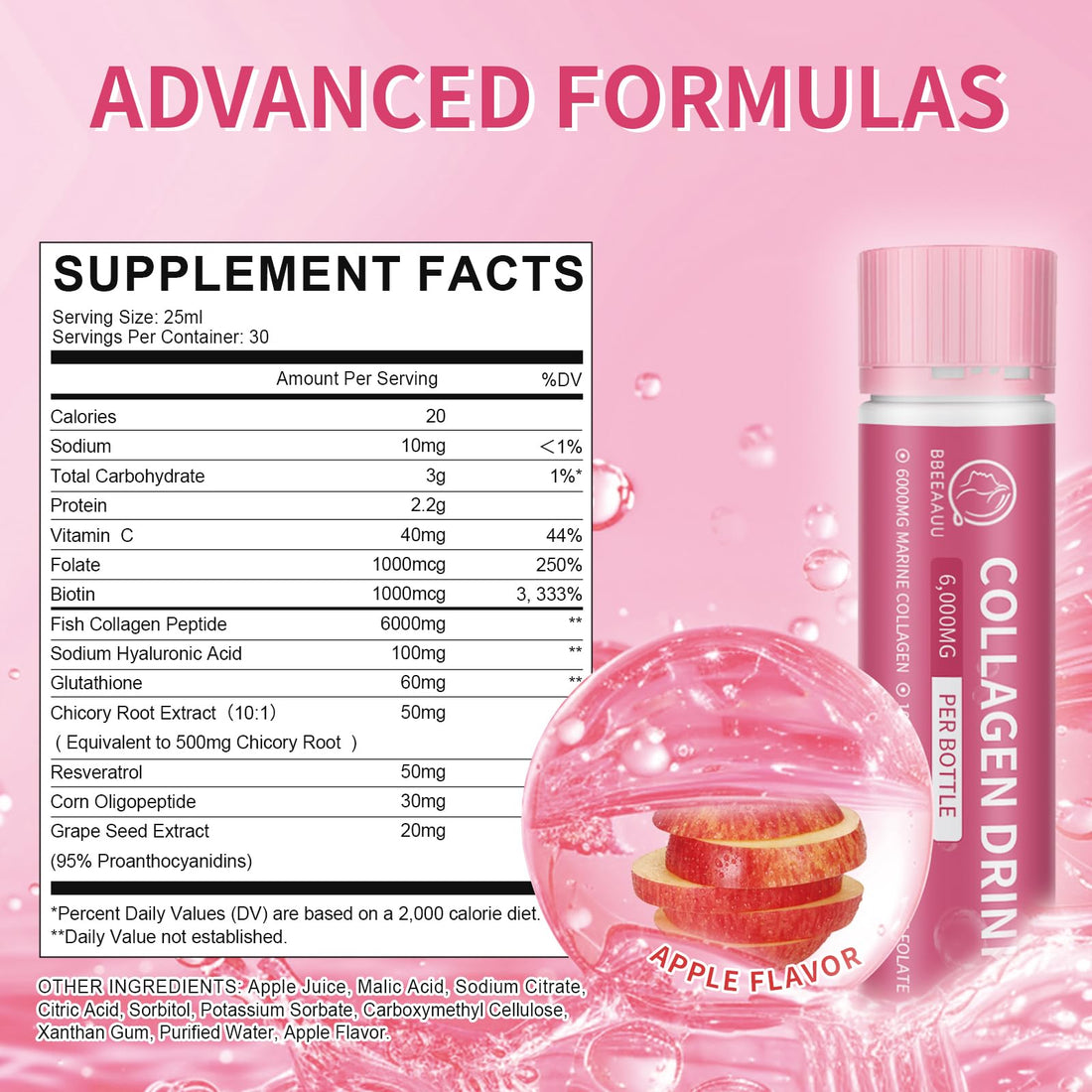 BBEEAAUU Collagen Drink with 6000 mg Marine Collagen Peptides, Liquid Collagen Shots for Women Support Beauty, Collagen Supplements for Skin, Hair and Nail Wellness (0.85 Fl Oz (Pack of 30), Apple)