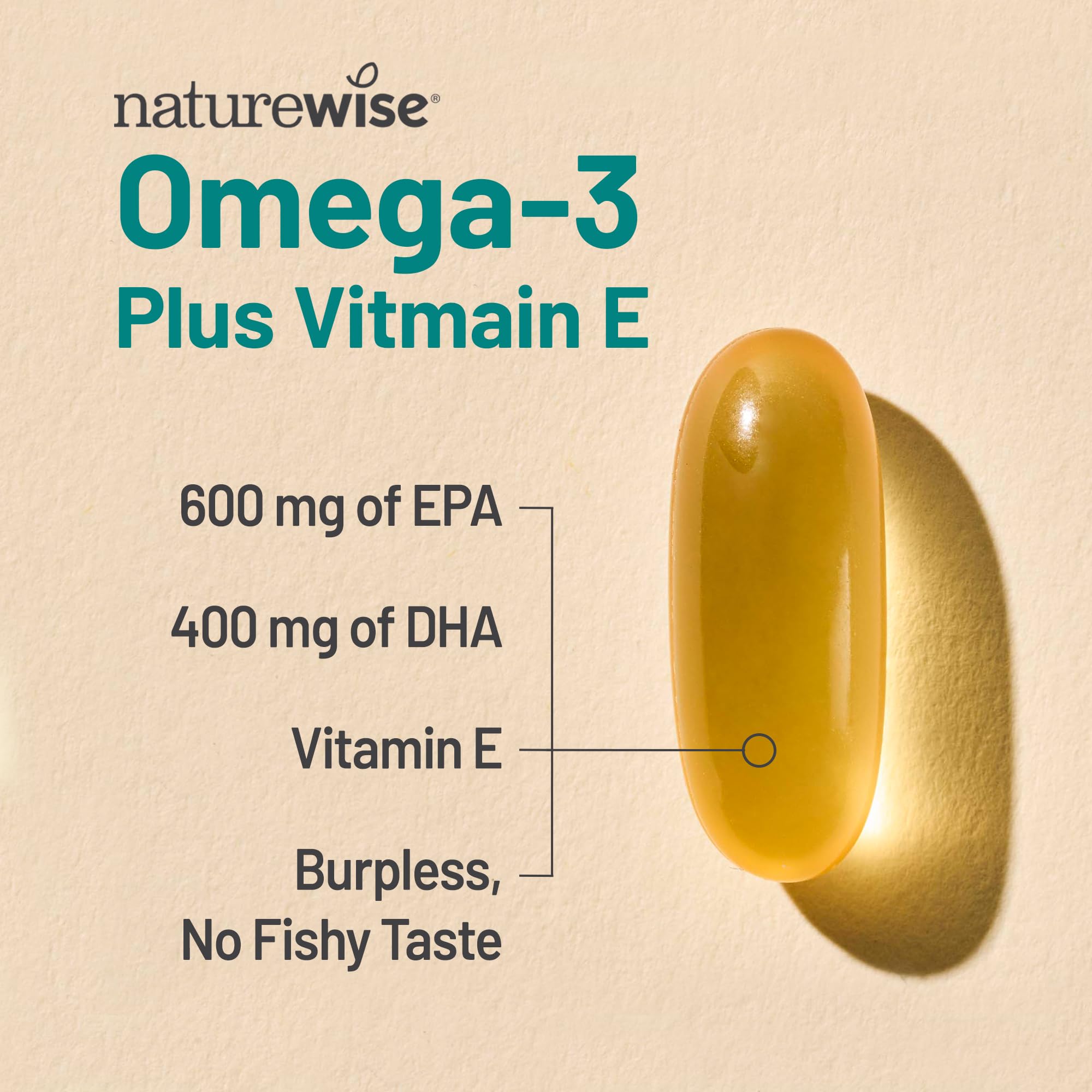 NatureWise Extra-Strength Omega 3 Fish Oil Supplement - 1000mg per Serving - 600 EPA & 400 DHA and Vitamin E - Support for Heart & Brain Health - Lemon Flavor, GMO-Free - 60 Softgels[1-Month Supply]