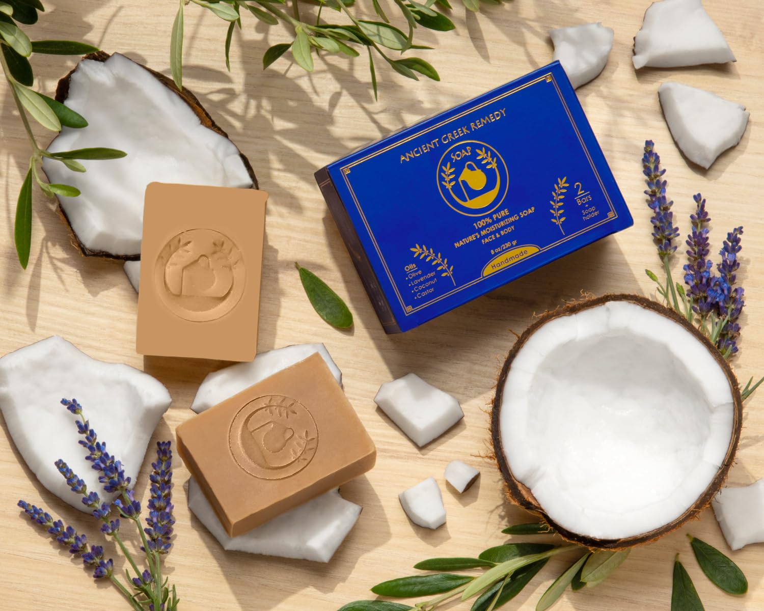 Ancient Greek Remedy Organic Face and Body Soap Bars for Dry, Normal, and Sensitive Skin. Gentle Wash Treatment for Women and Men With soap Holder (2 pack)