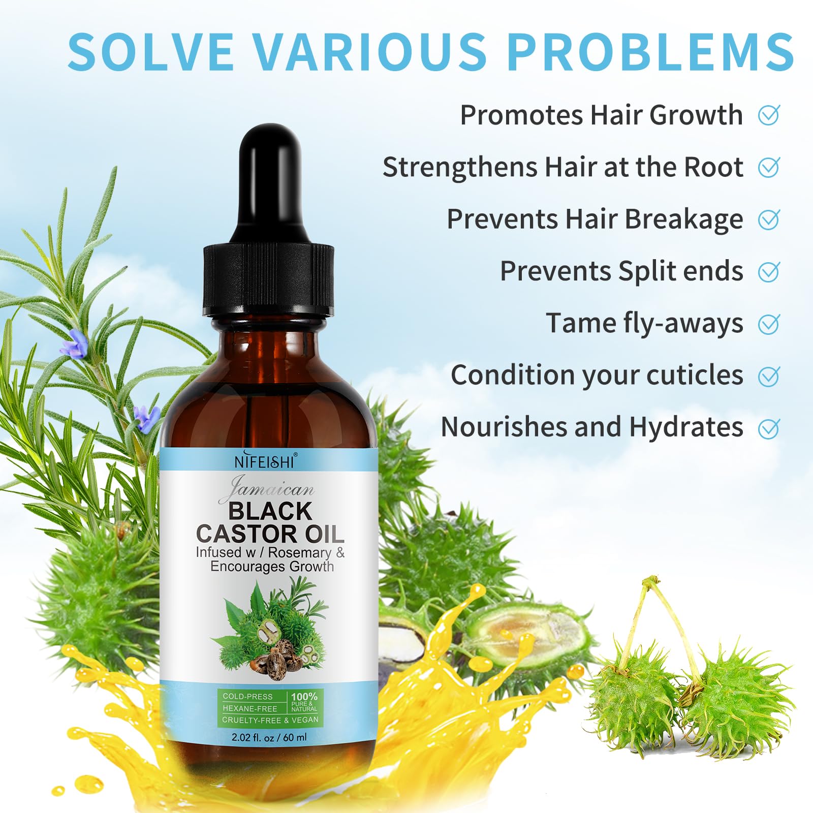 NIFEISHI Organic Castor Oil, 2pcs Pure Natural Jamaican Black Castor Oil Infused with Rosemary, Cold Pressed Glass Bottles, Boost Hair Growth for Thicker, Fuller Hair, Eyelashes & Eyebrows 2.02 fl oz