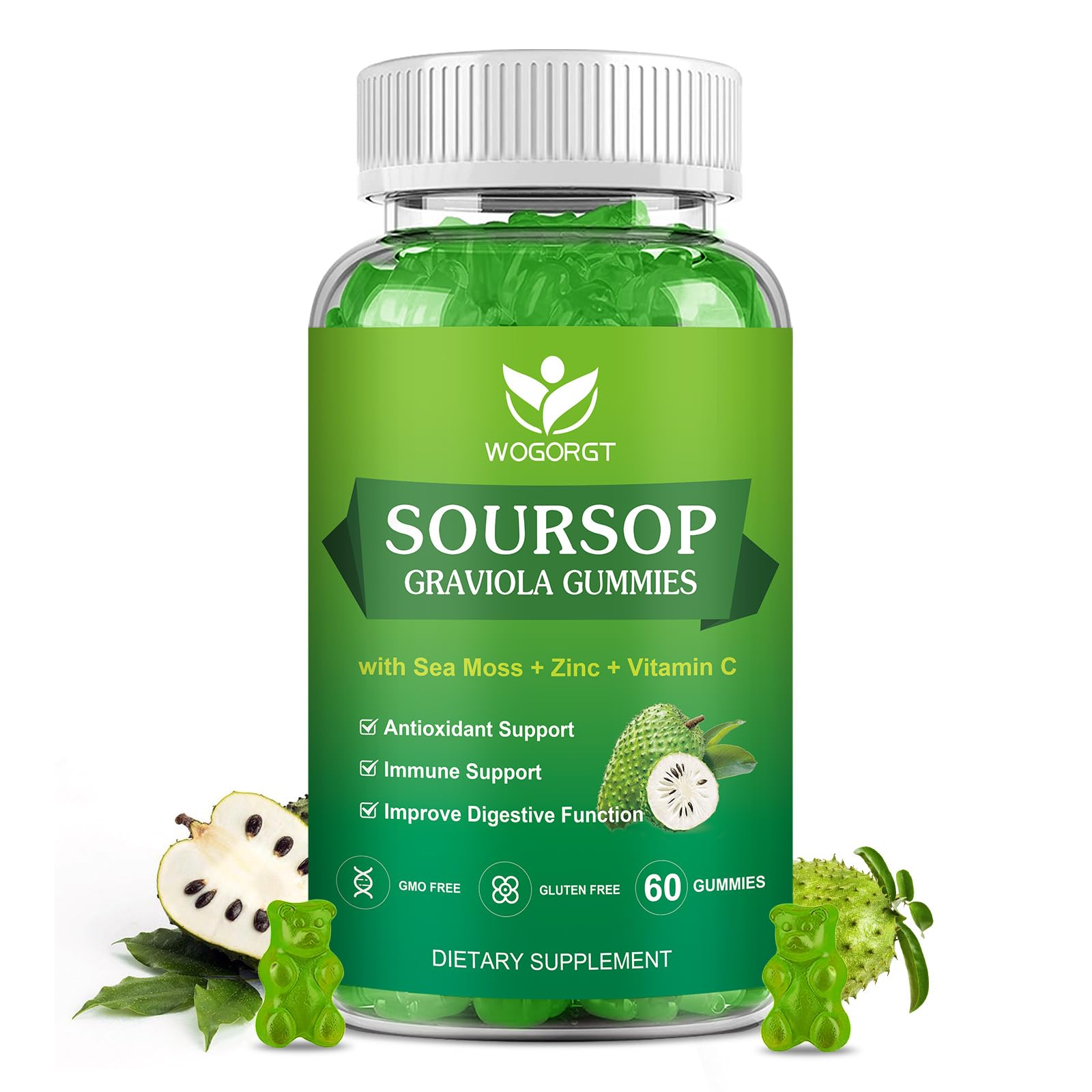 WOGORGT Soursop Graviola Gummies - Soursop Multivitamin Gummies with 200mg Sea Moss Extract for Antioxidant, Cell Support & Regeneration, Immune Support, Vegan, Apple Flavor - 60 Gummies